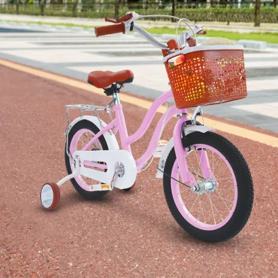 Vélo enfant rose et beige, roues d'appoint