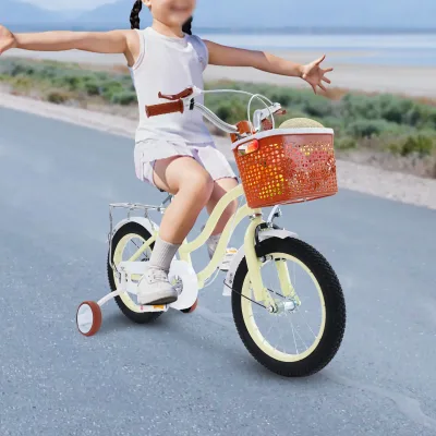 Vélo enfant rose et beige, roues d'appoint – image 3